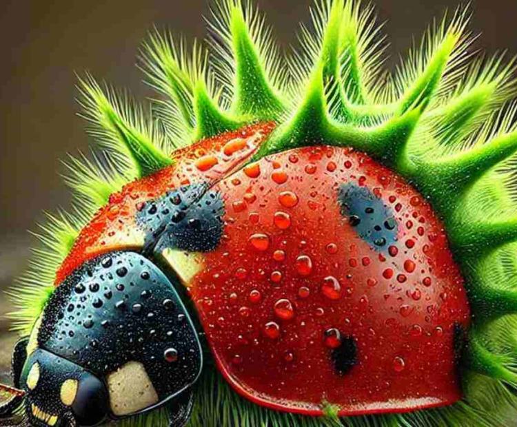 A tiny insect resting on the back of a ladybug, exploring its surroundings among forest plants.